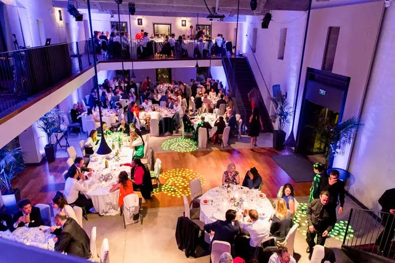 Overhead view of the château reception hall during the wedding dinner