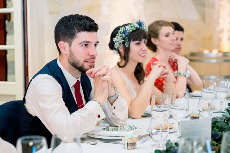 Bride and groom listening at the top table during the speeches