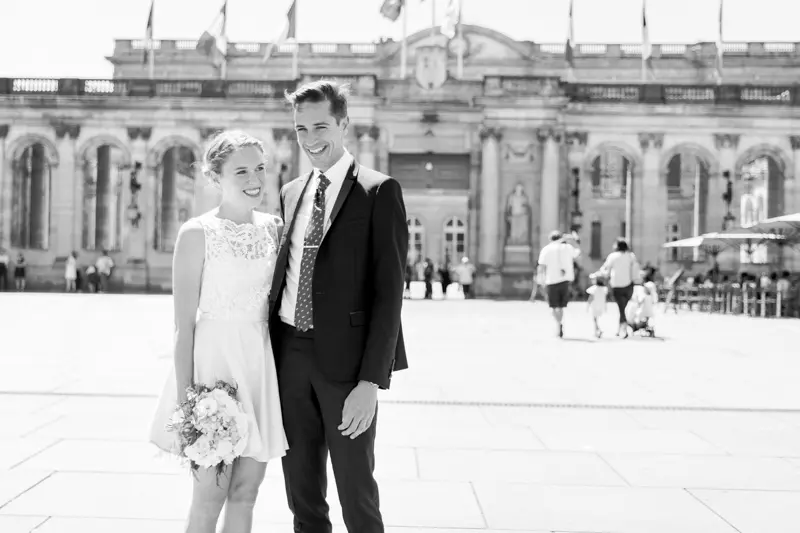 The newlyweds outside Bordeaux town hall after the civil ceremony, in black and white