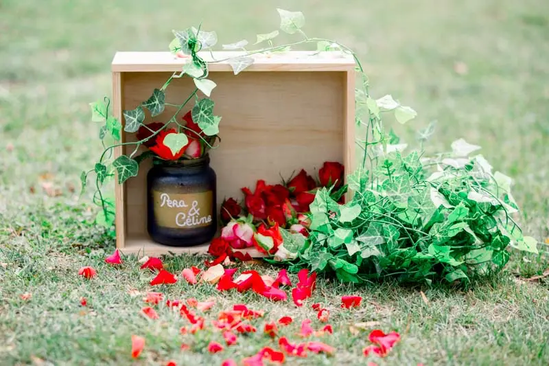 Wooden crate, ivy and red rose petals on the lawn