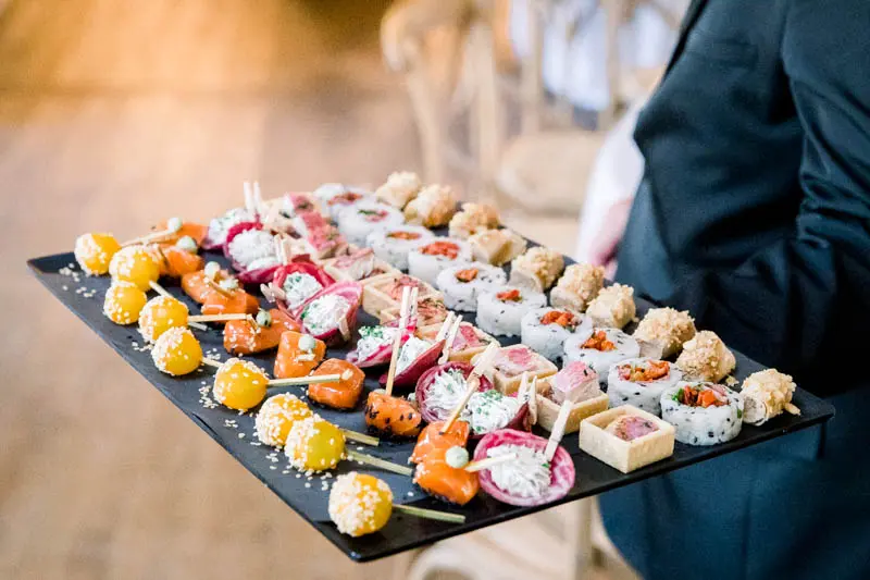Tray of colourful canapés served to guests during cocktail hour