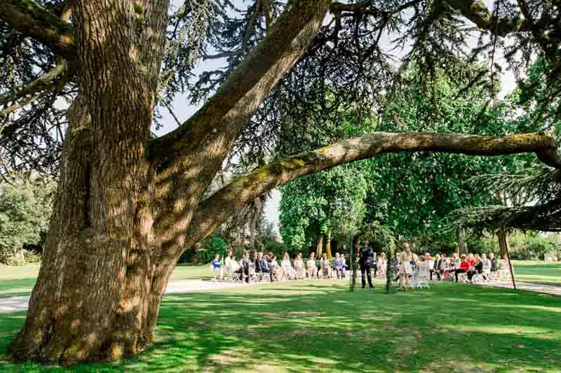 Outdoor ceremony beneath the great trees of the Château Pape Clément grounds