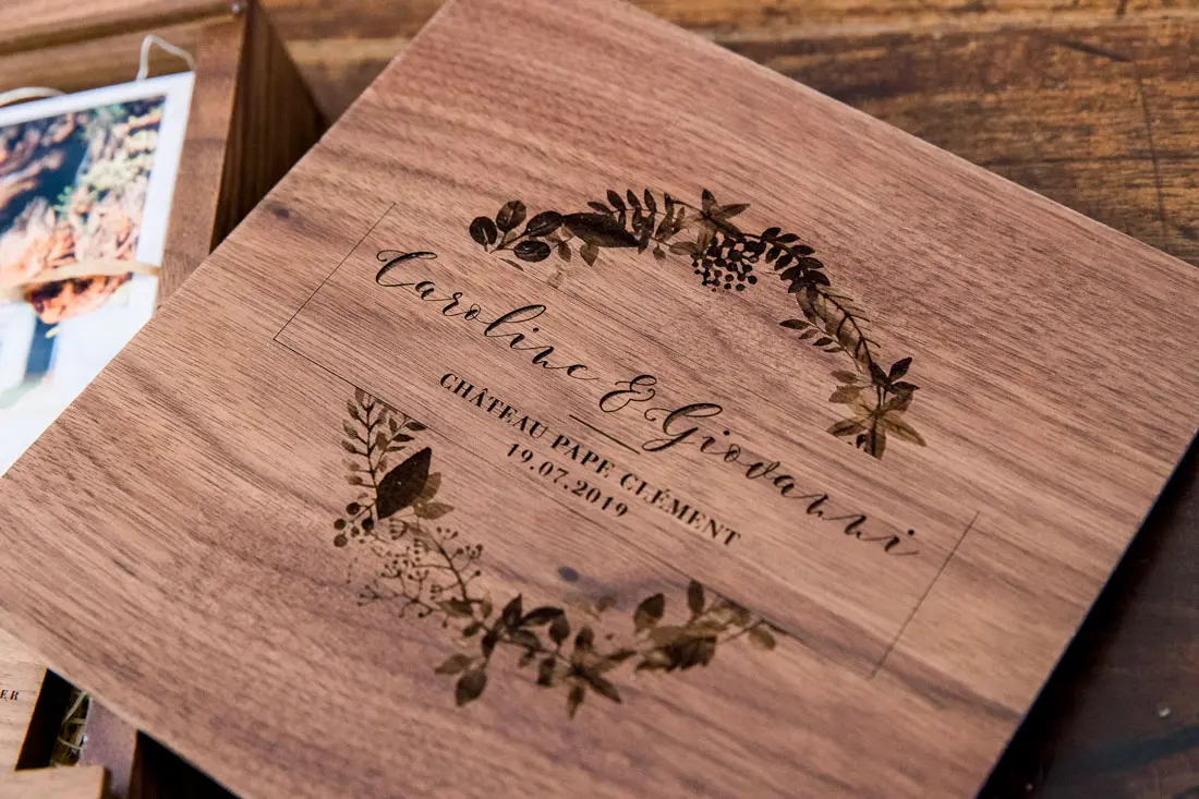 Walnut wedding photo box engraved with a foliage wreath