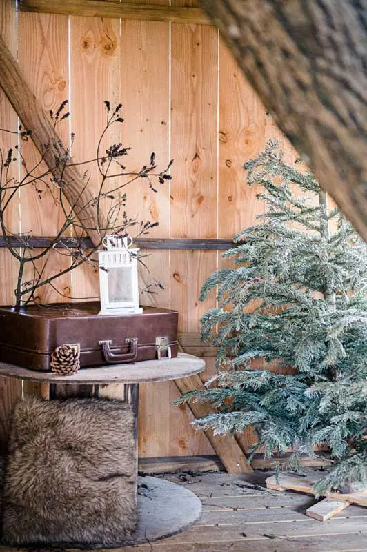 Wooden cabin interior styled with a fir tree, lantern and vintage suitcase