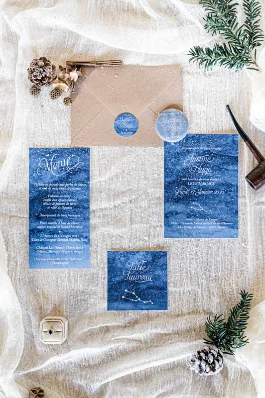 Midnight-blue starry wedding stationery with pine cones and fir sprigs