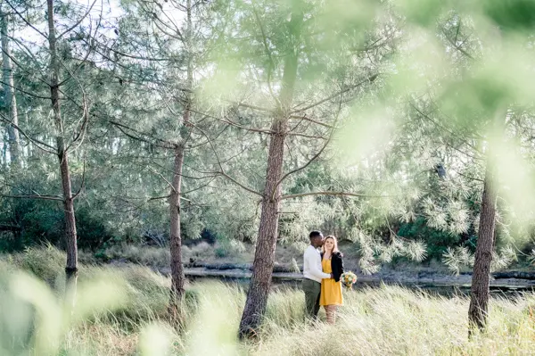 The couple in the distance between pines and tall spring grasses
