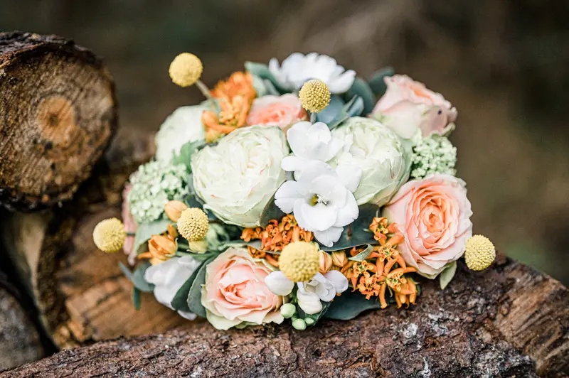 Colourful bouquet of peach roses and billy buttons on a tree stump