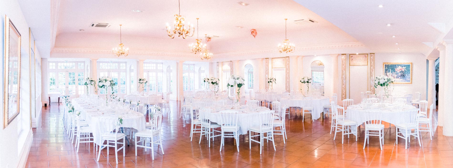 Château de Castel Novel dining room set with round tables for dinner