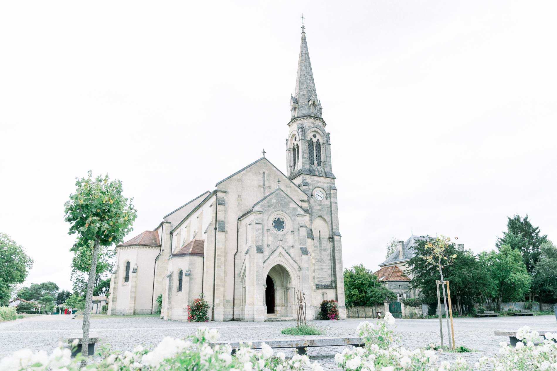 Saint-Martin church in Eysines with its pointed spire
