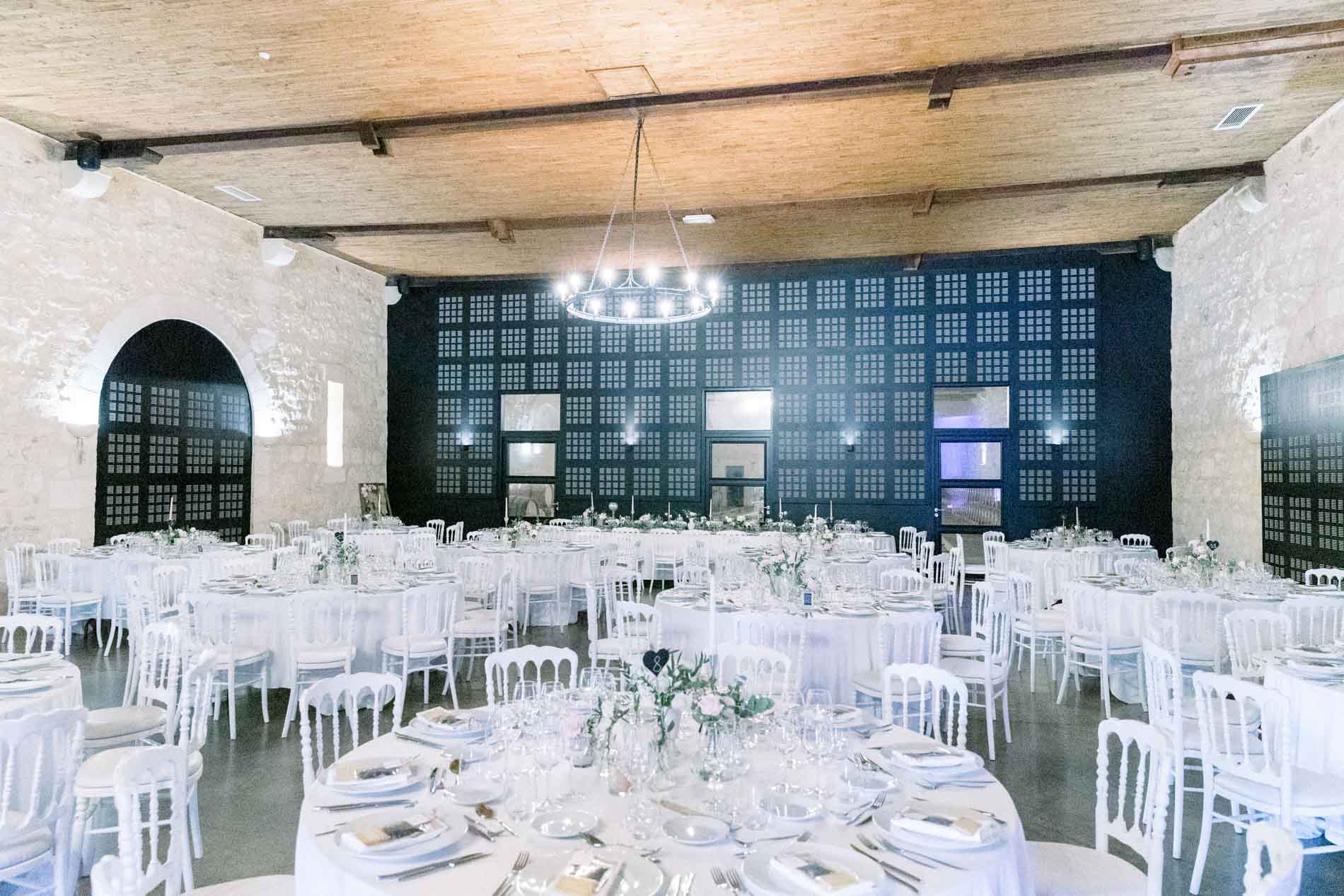 The reception hall at Château d'Agassac set for dinner