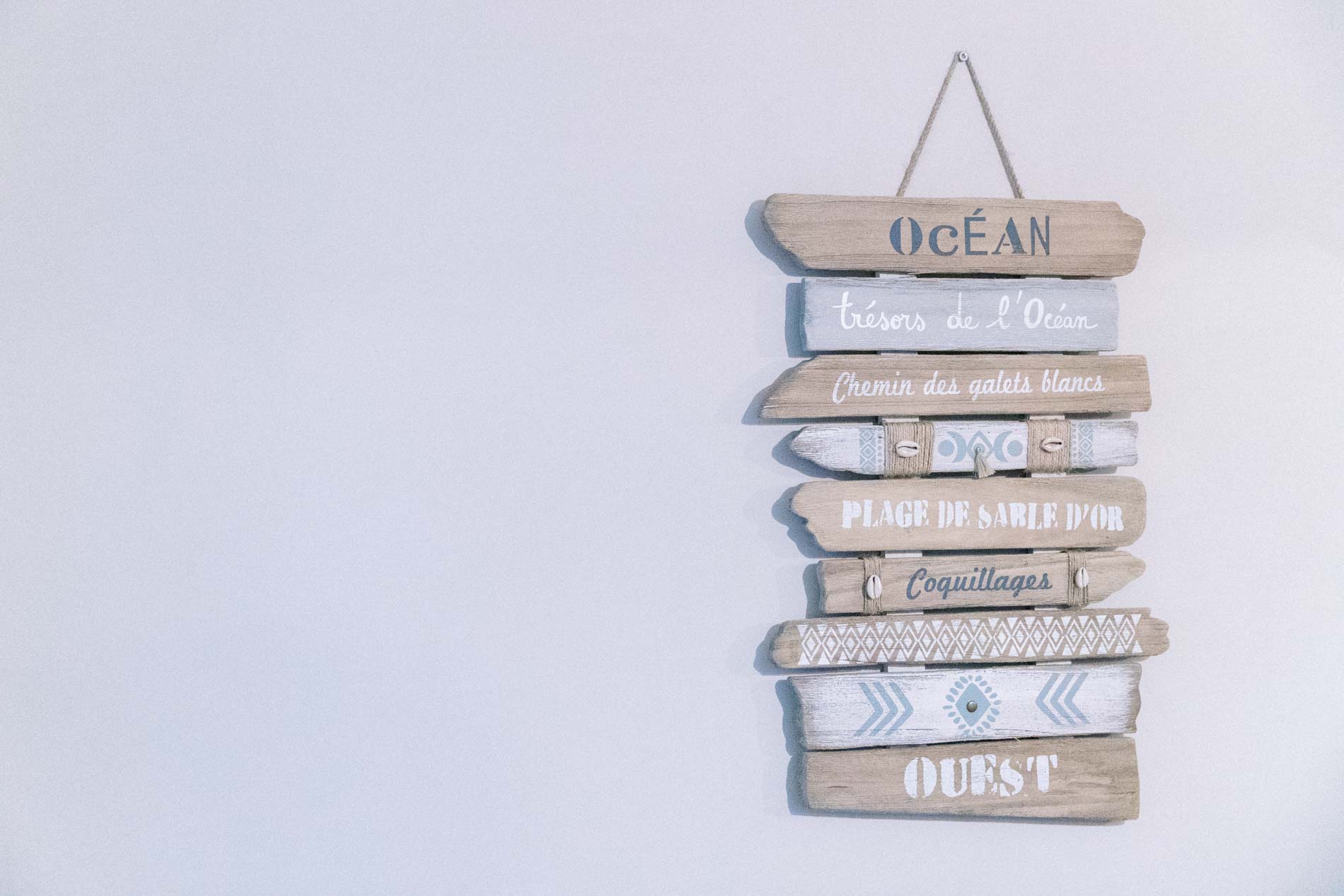 Wooden signpost pointing to the ocean and the west on a white wall