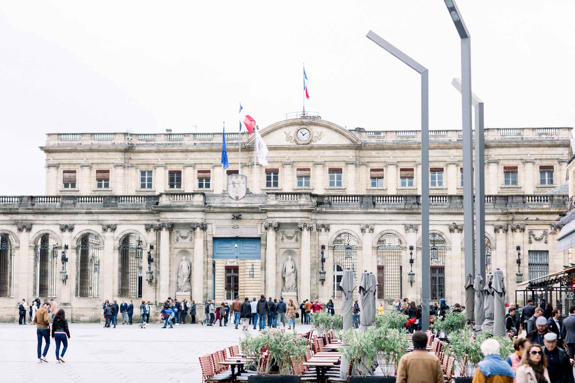 The facade of Bordeaux town hall and its square on the civil wedding day
