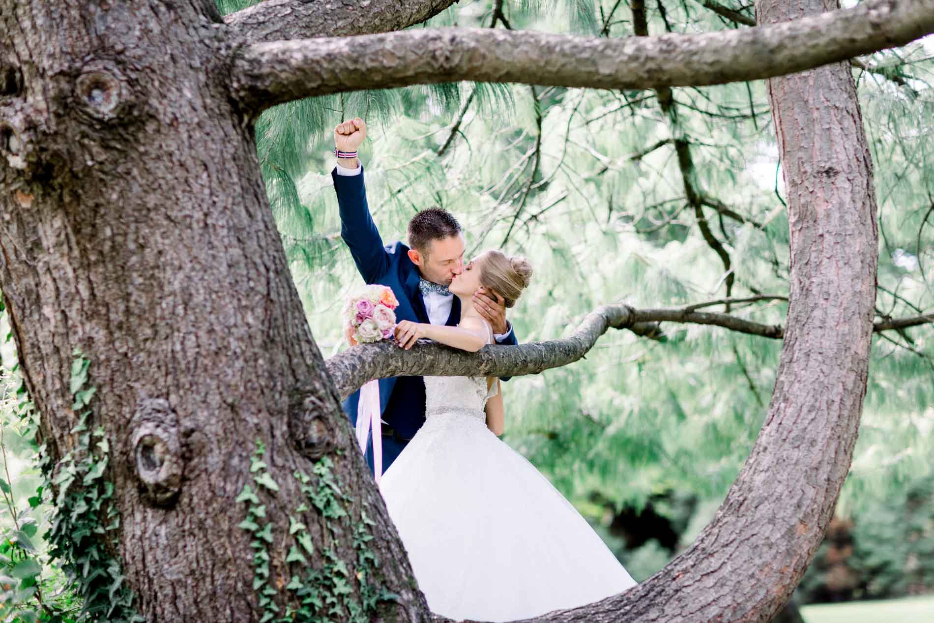 Bride and groom kissing in the hollow of a large curved tree trunk