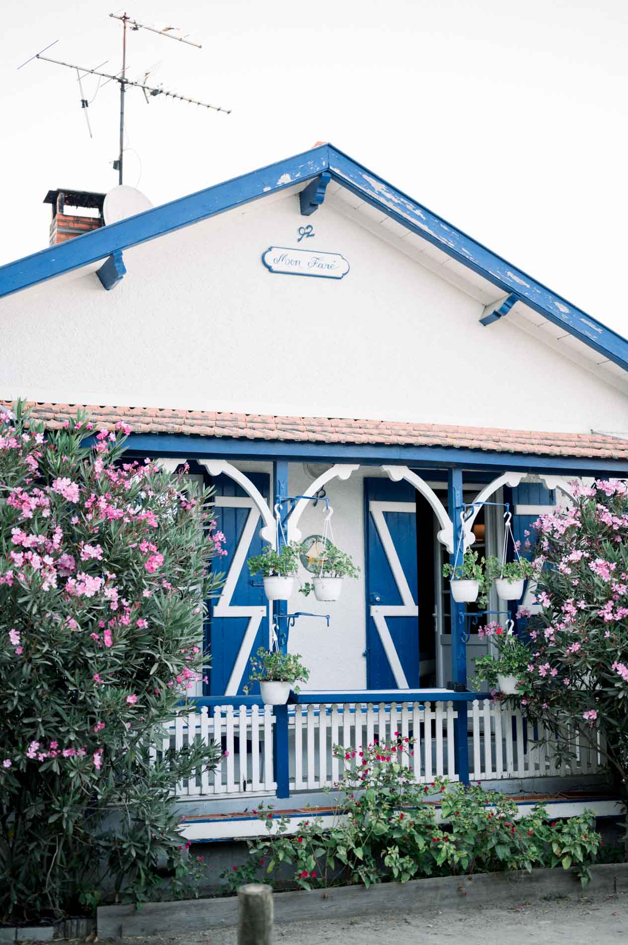 Traditional house with blue woodwork and flowering oleanders
