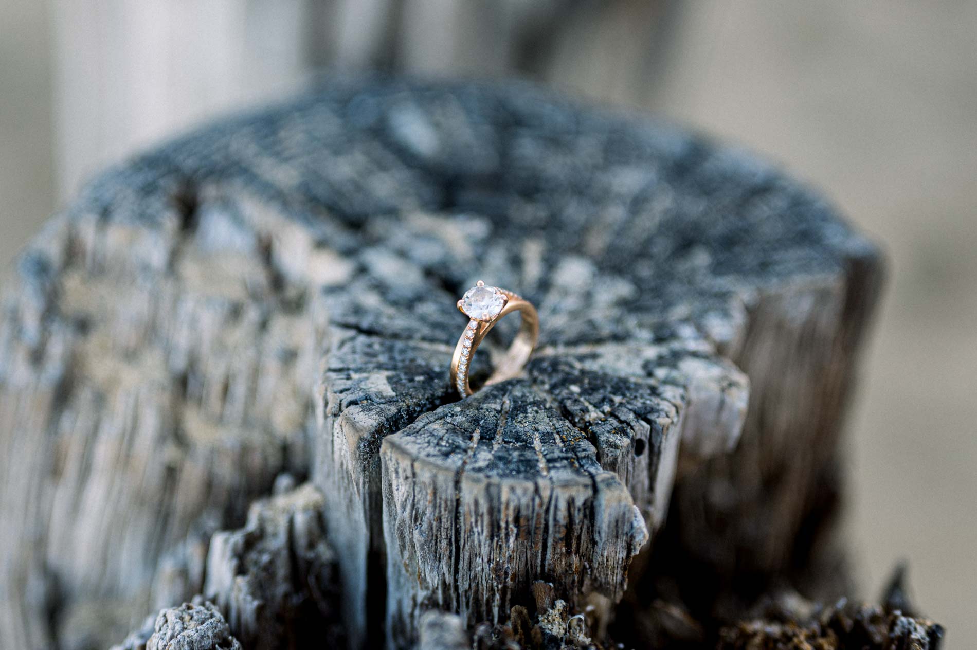 Engagement ring resting on a weathered wooden post on Arcachon Bay