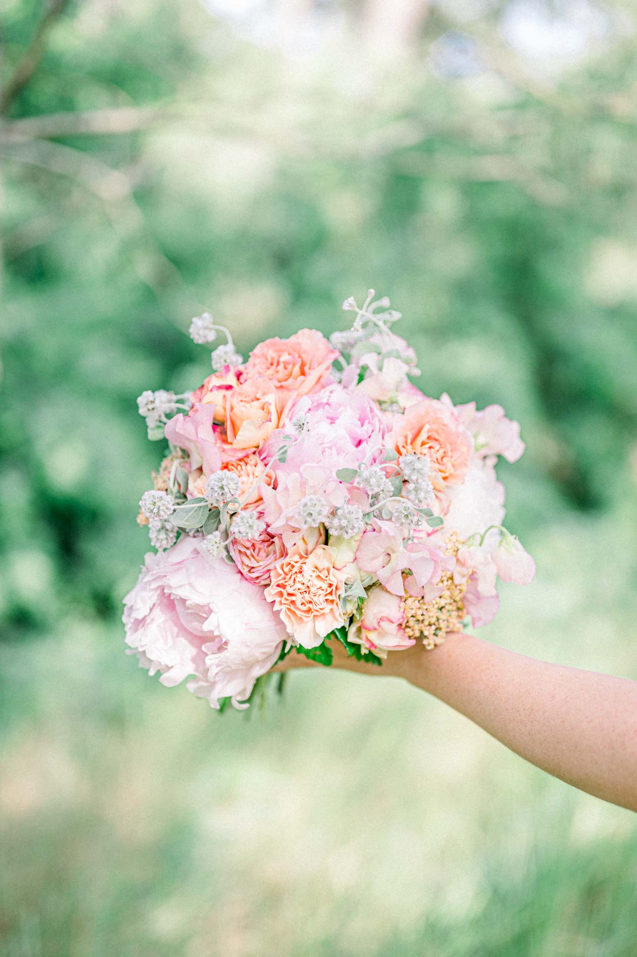 Bouquet of pink peonies and peach roses held out at arm's length