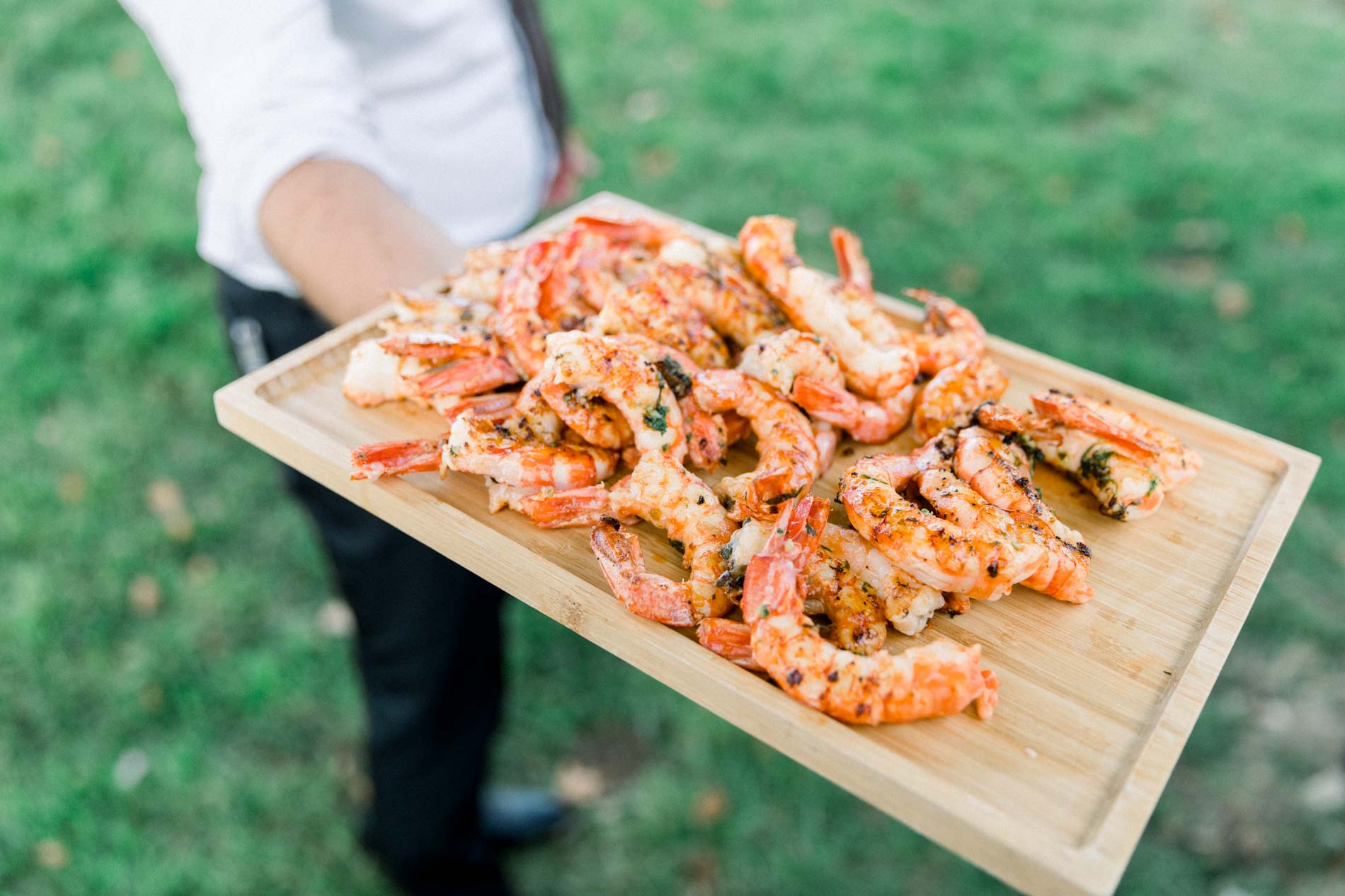 Platter of grilled prawns served at the drinks reception by caterer Deval