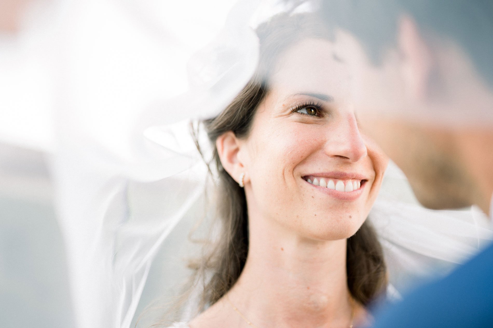 Smiling bride under her veil, cheek to cheek with the groom