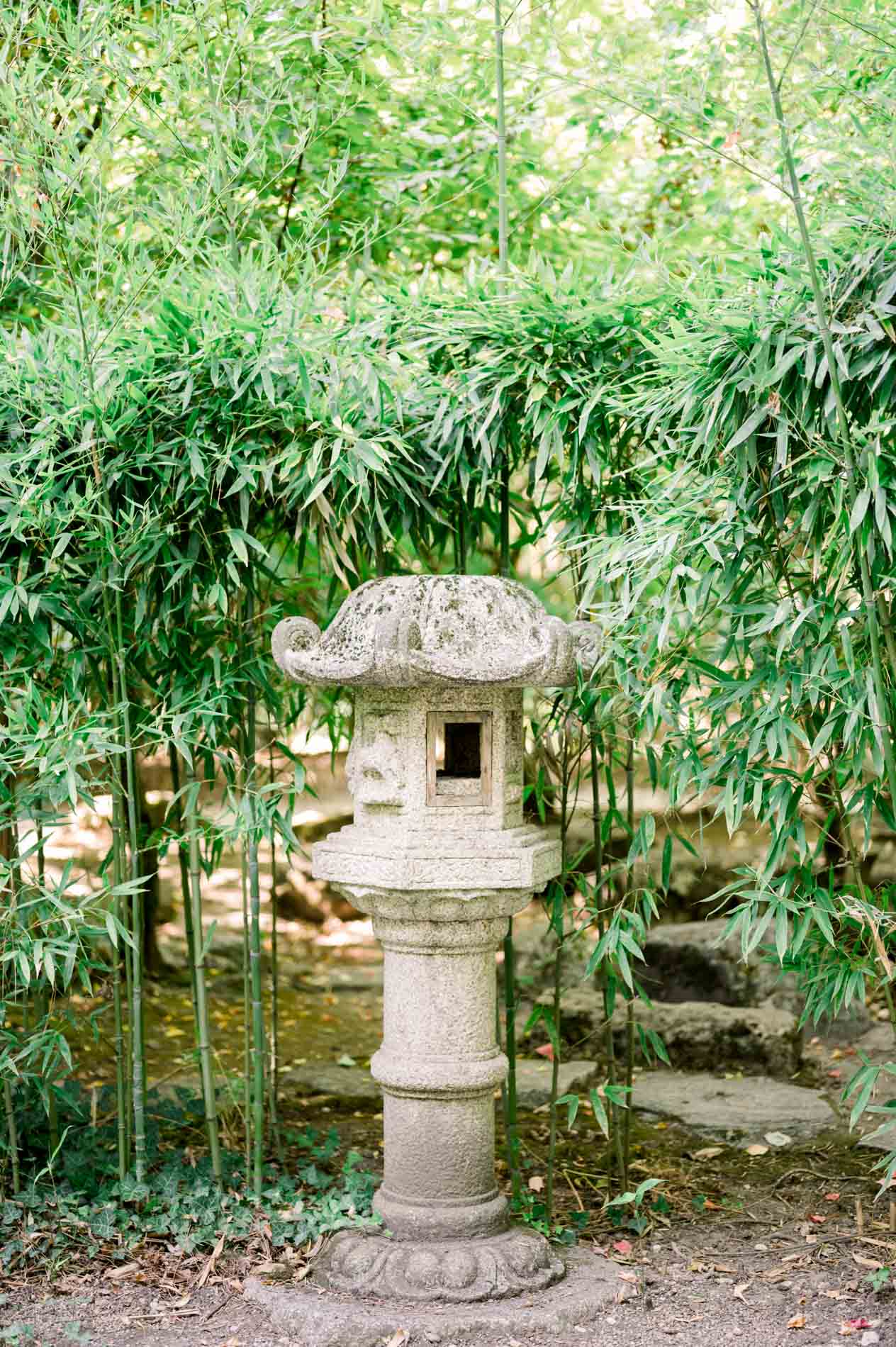 Japanese stone lantern in front of a bamboo grove