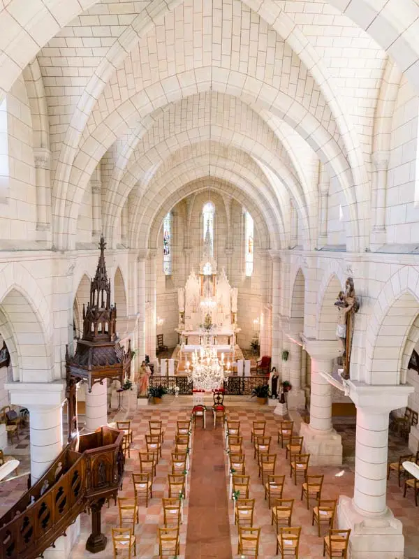 Vaulted nave and altar of Notre-Dame de Cabara church seen from the gallery