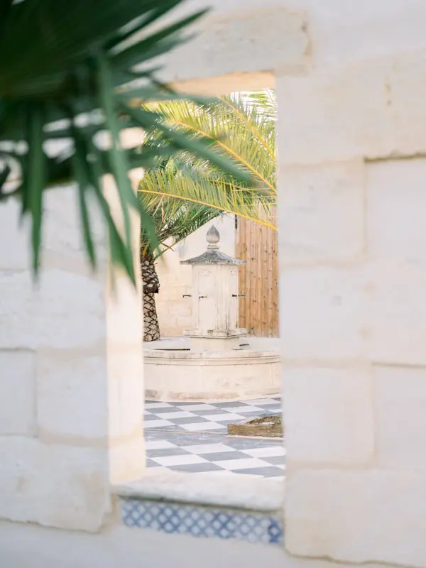 Stone fountain glimpsed through an archway framed by palm leaves