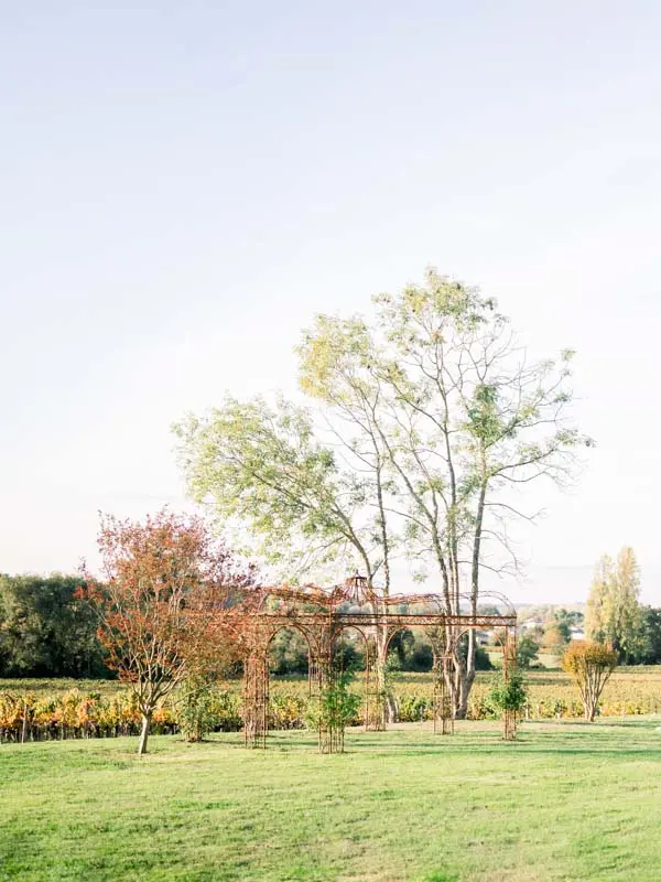 Tree and pergola at the edge of the vineyards in the Château de Garde grounds