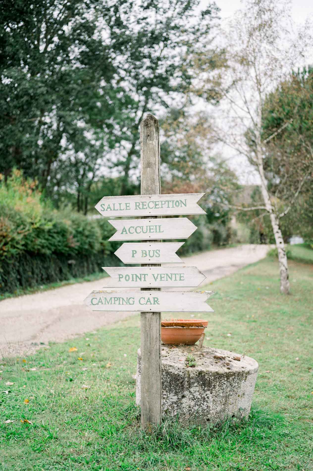 Wooden signpost pointing the way at the entrance of Ferme du Moulinat