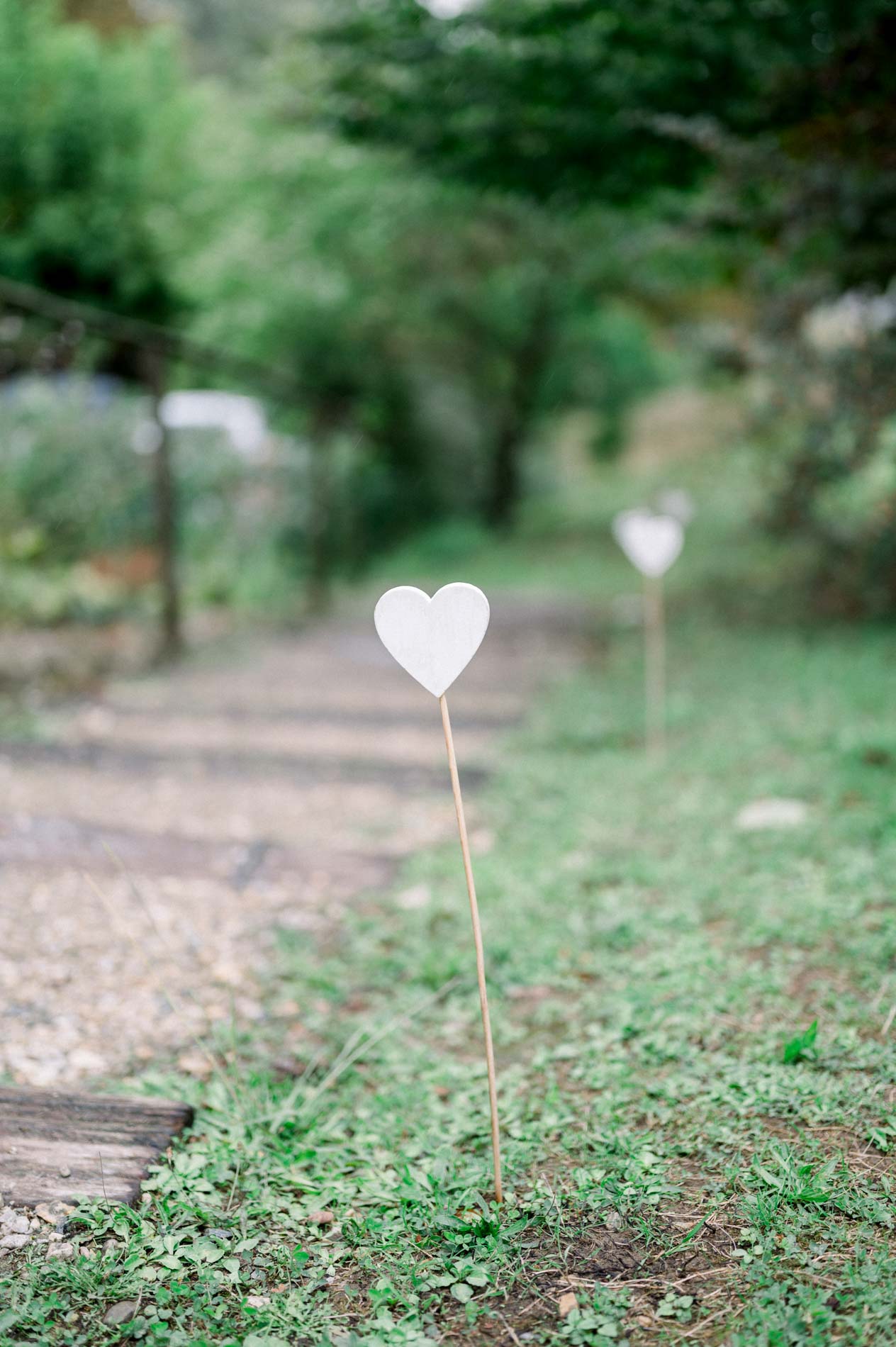 White hearts on stems lining a gravel path
