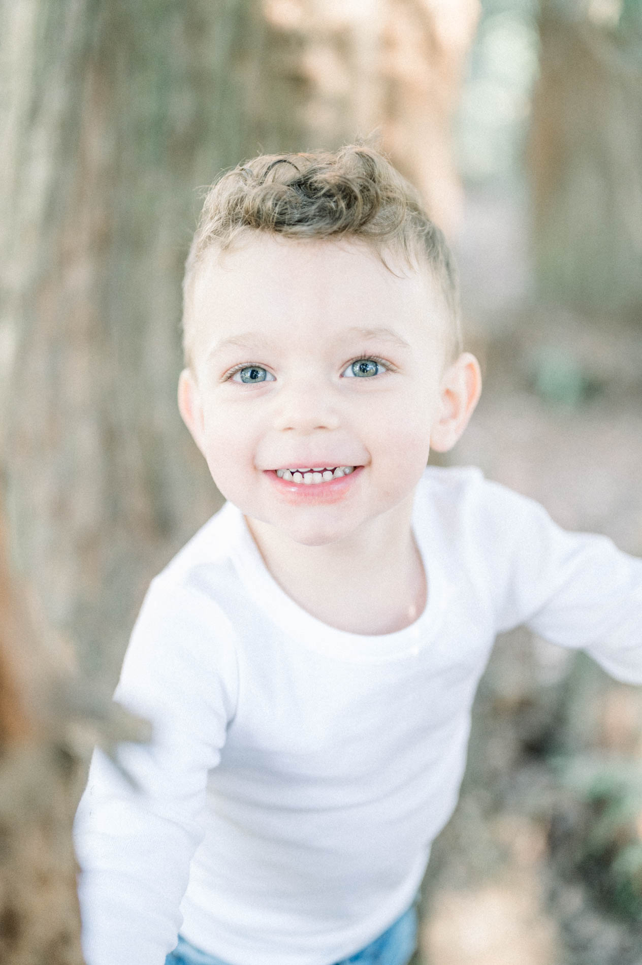 The smiling little boy leaning out from behind a tree trunk