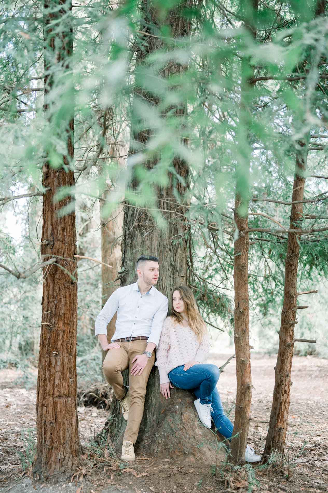 Brother and sister perched on a stump among the trees of the park