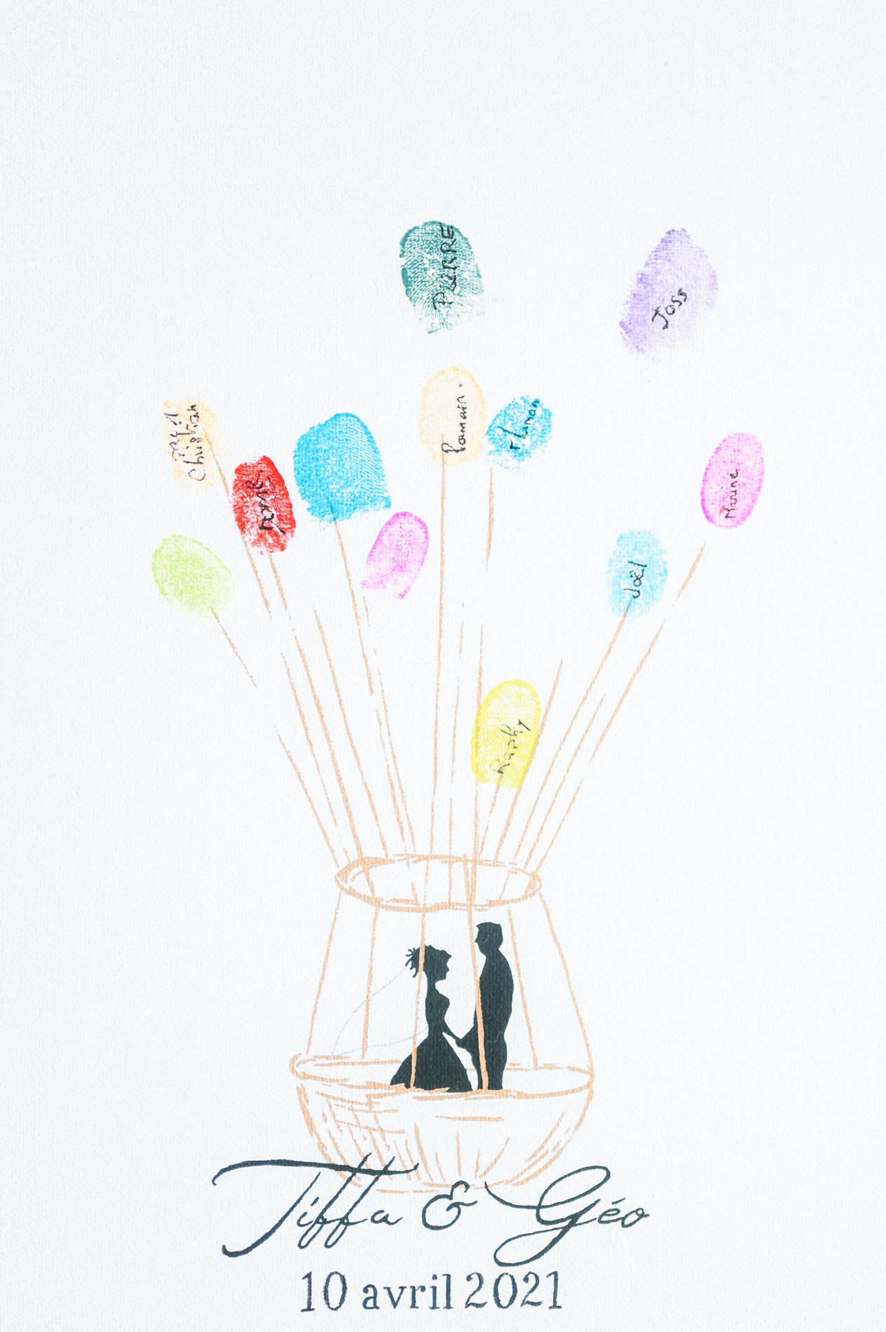 Fingerprint hot-air balloon guest book for Tiffa and Geo, 10 April 2021