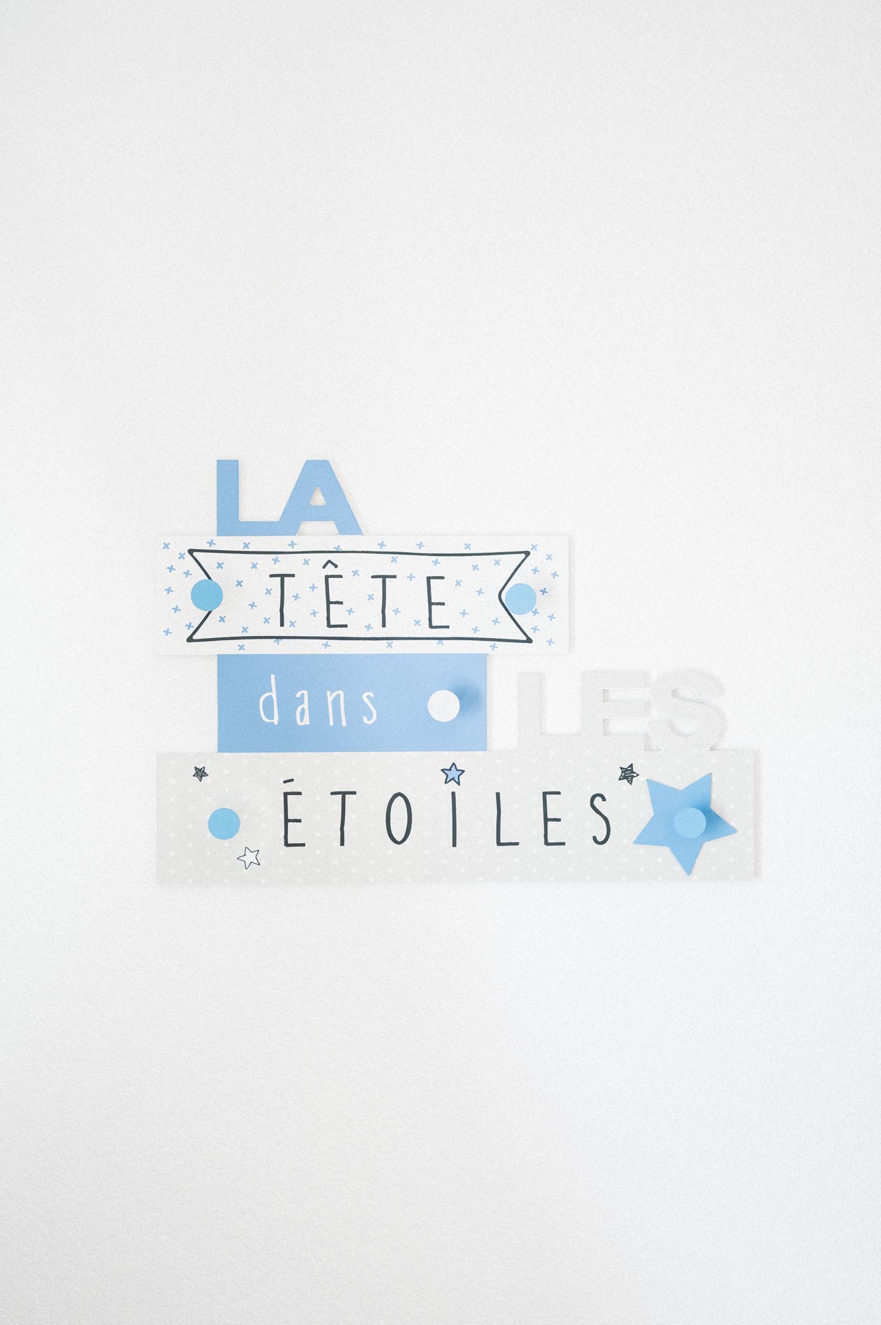 "La tête dans les étoiles" wall decoration in blue letters