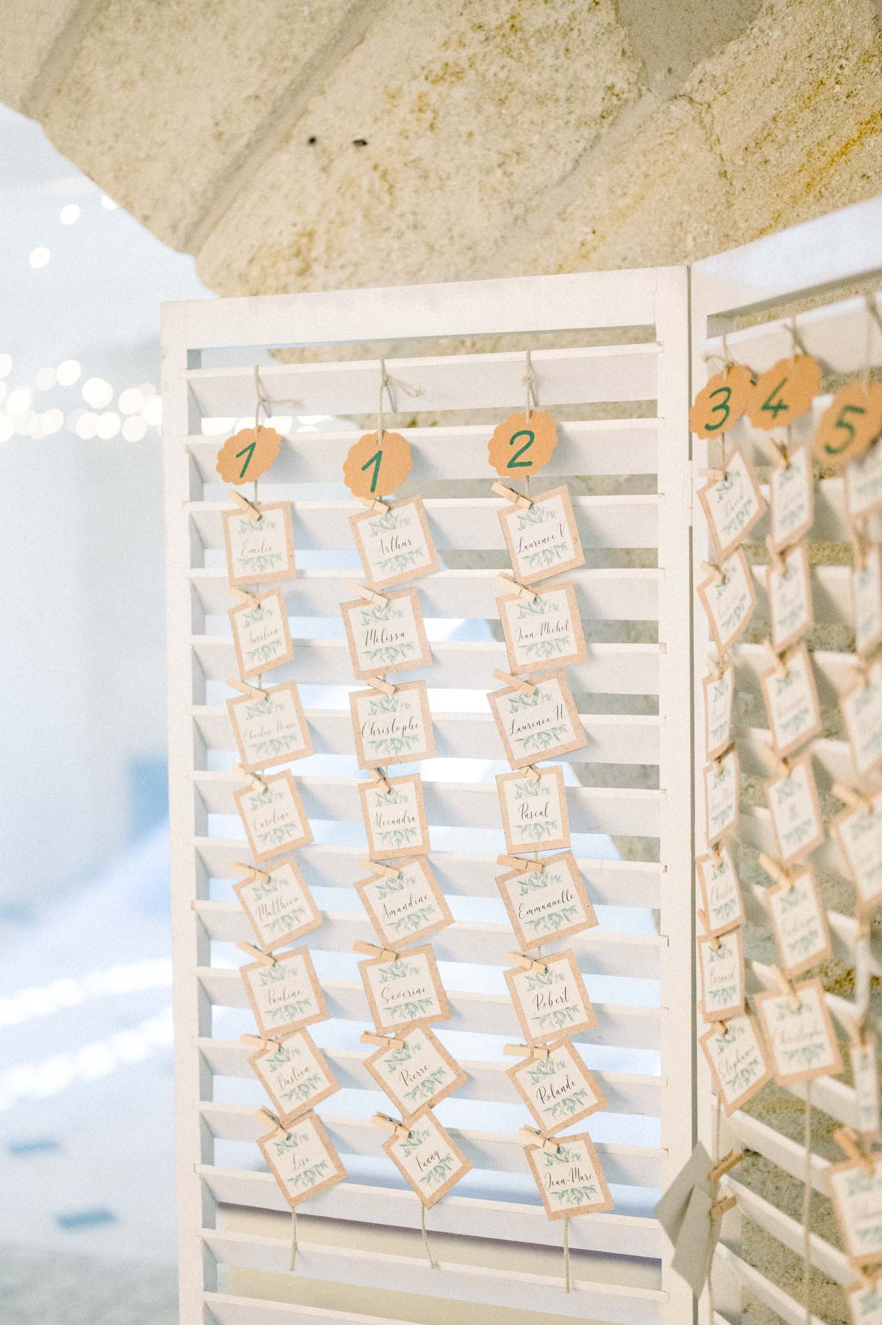 Seating chart on a white wooden screen with numbered tags