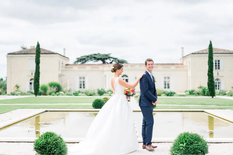First look by the reflecting pool in front of the Château Gassies facade