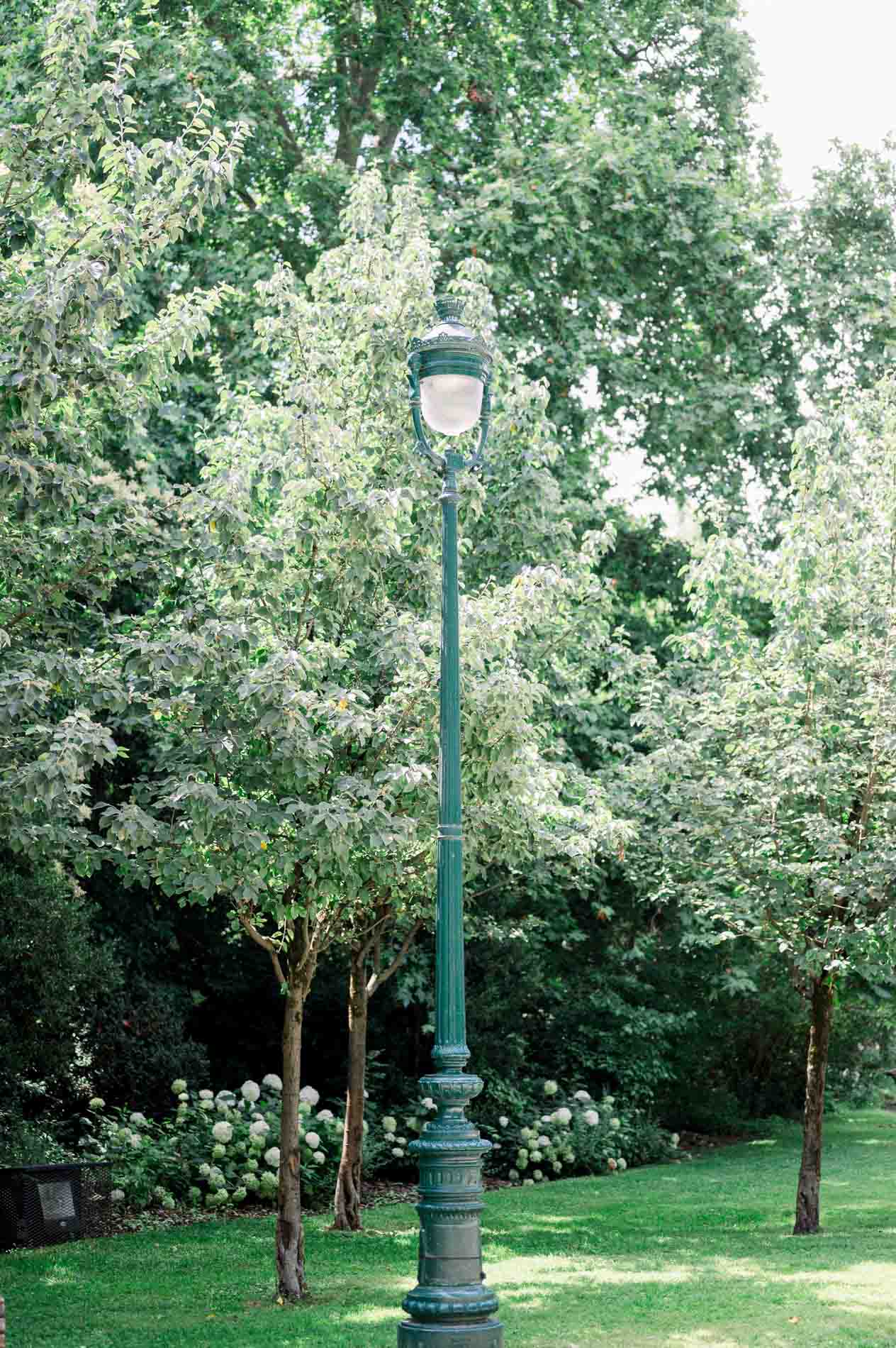Green lamppost and hydrangea beds in the Jardin Public