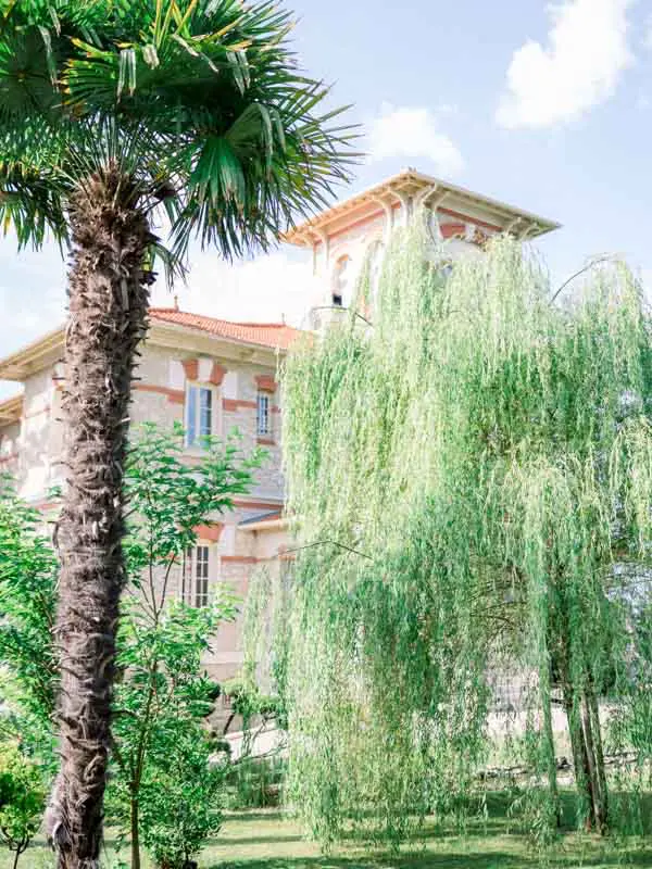 Villa la Tosca facade framed by a palm tree and a weeping willow in Lanton