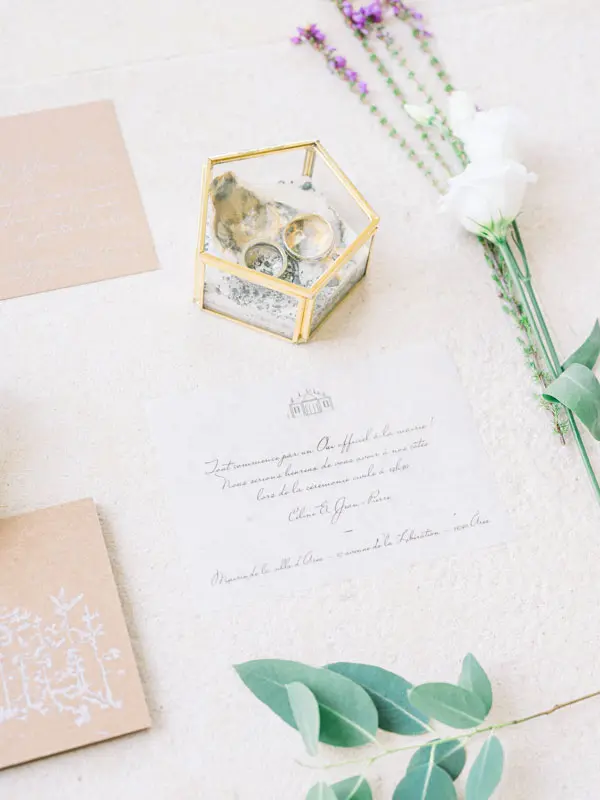 Glass and brass ring box placed on the wedding invitation