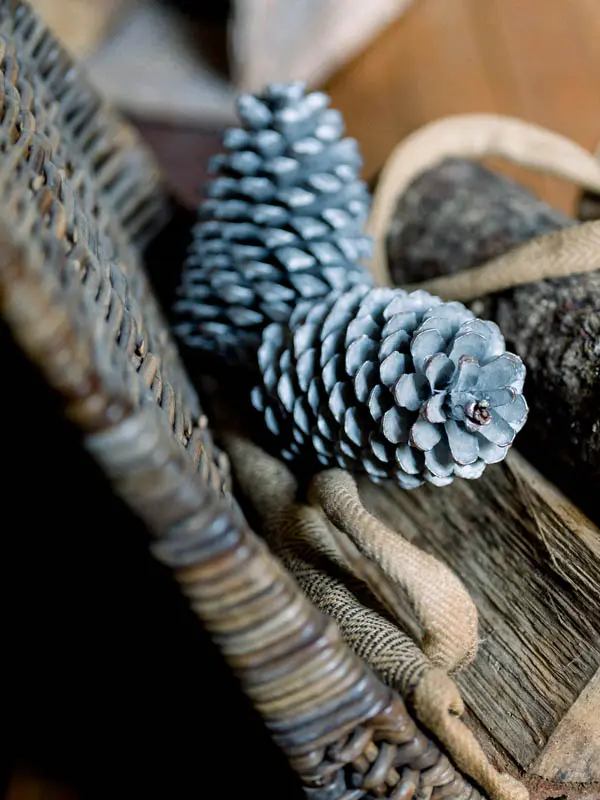 Pine cones resting in a wicker basket, a decorative detail