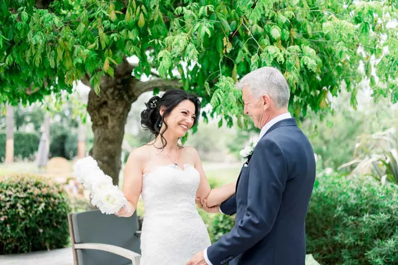 Céline and Jean-Pierre seeing each other for the first time in the villa garden