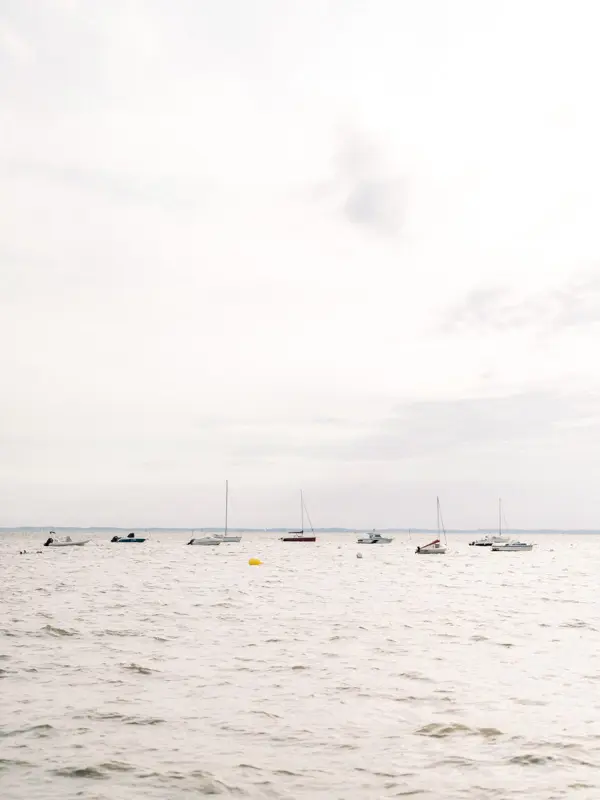 Sailboats moored on Arcachon Bay under a pale sky