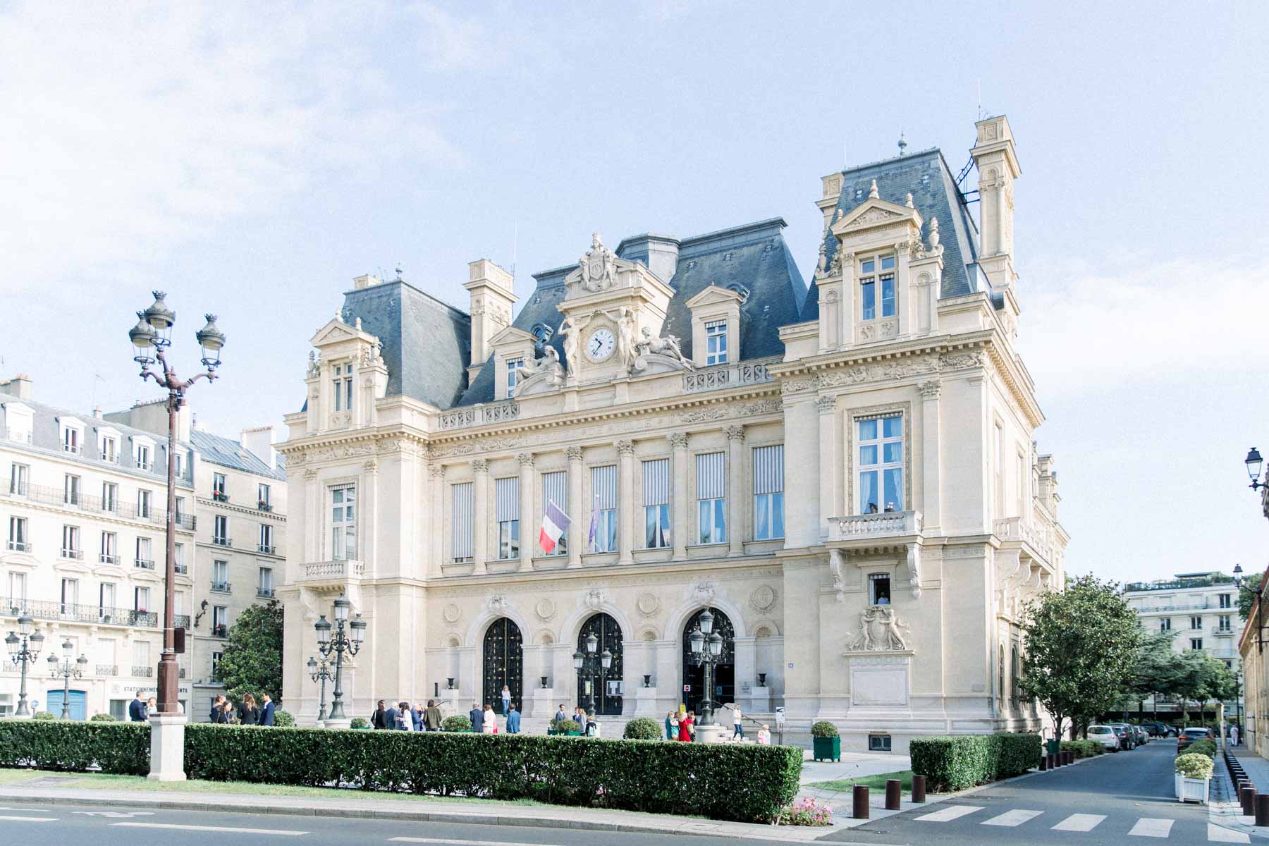 The Neuilly-sur-Seine town hall façade under a blue sky on the wedding day