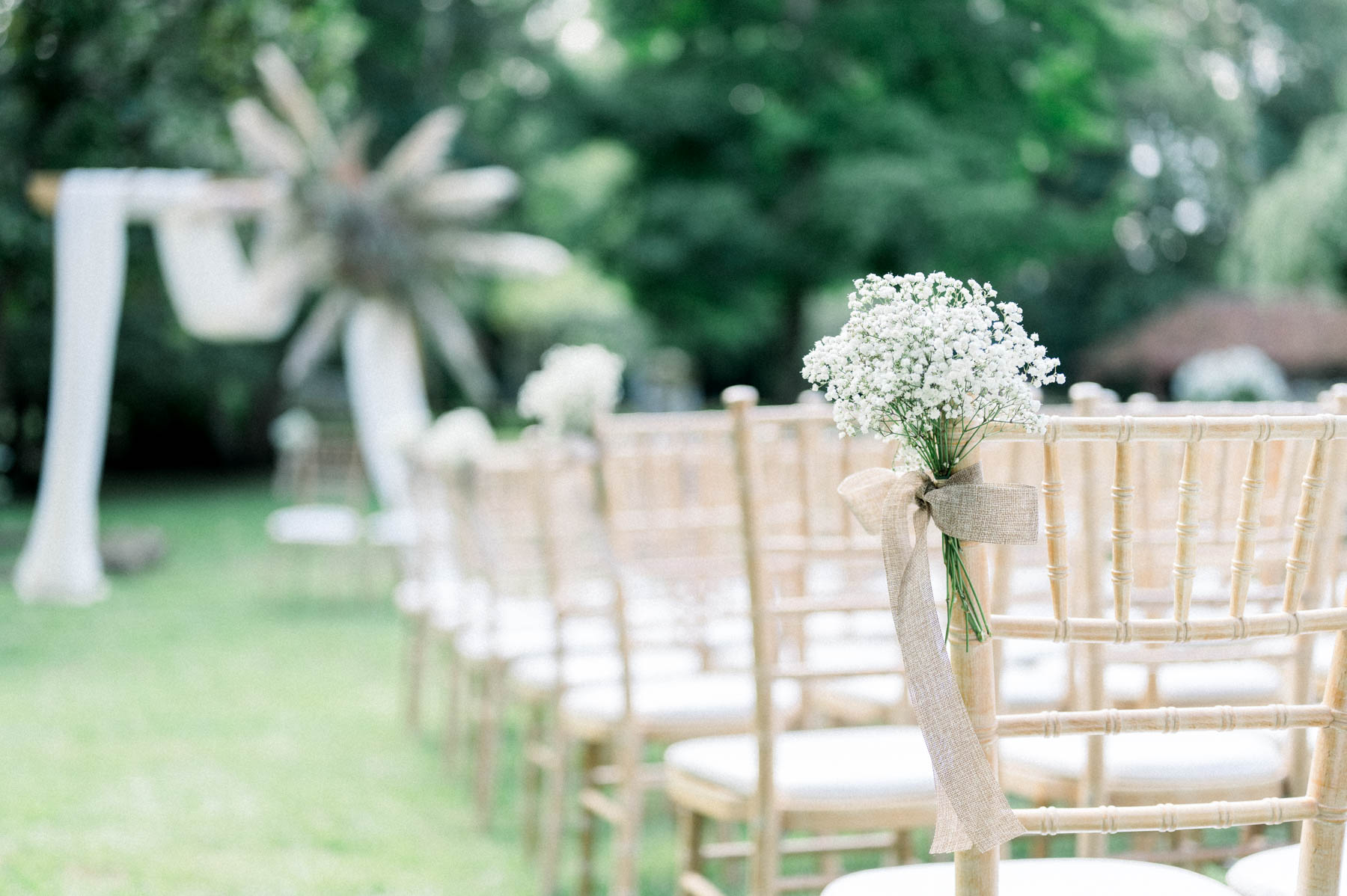 Aisle of wooden chairs decorated with gypsophila leading to the ceremony arch