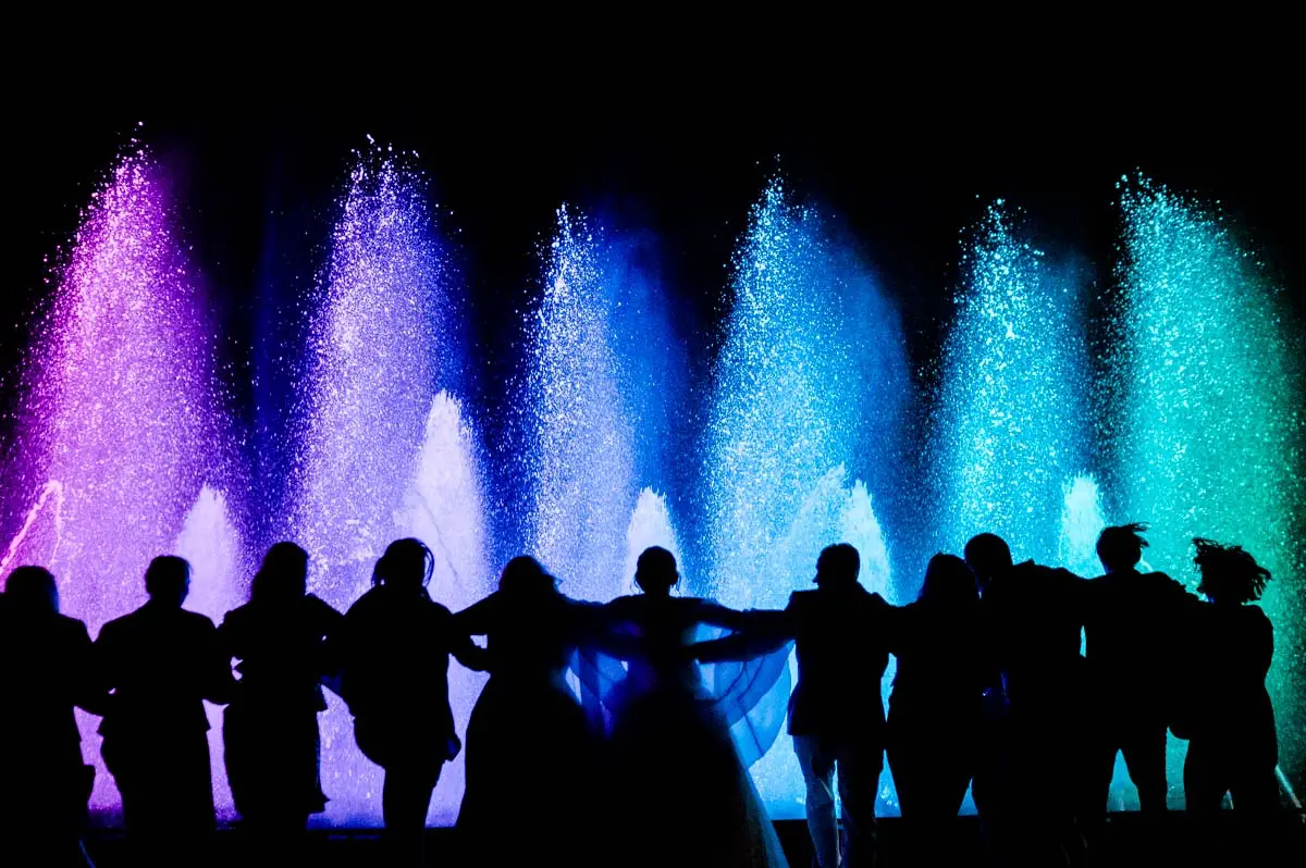 Silhouettes of guests in a circle before the illuminated fountains