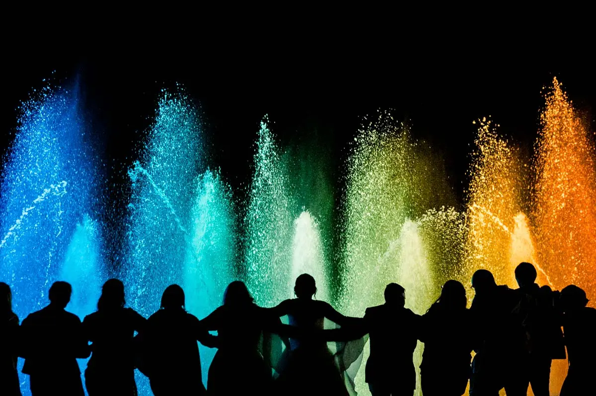 Guests silhouetted against the illuminated water show at Château Duplessis