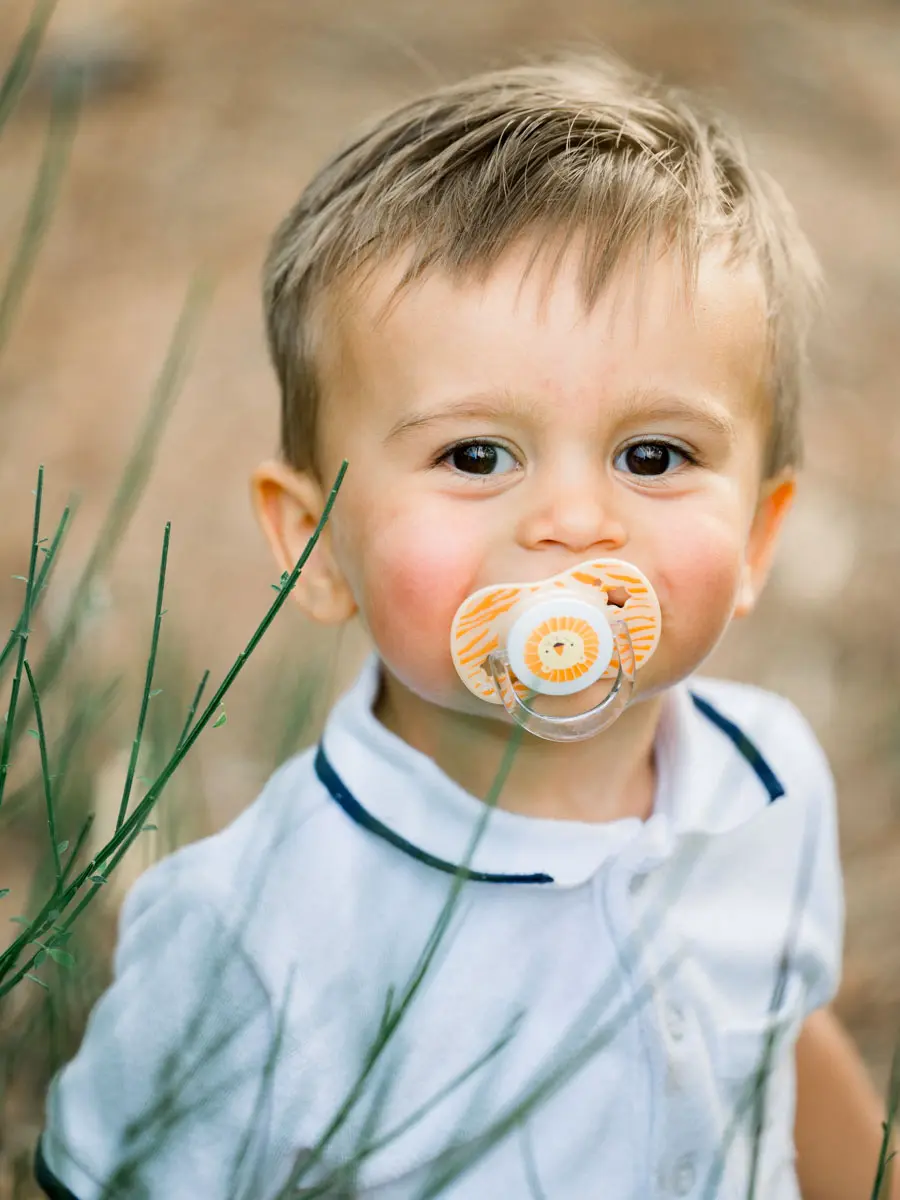 Portrait of a little boy with his dummy in the tall grass