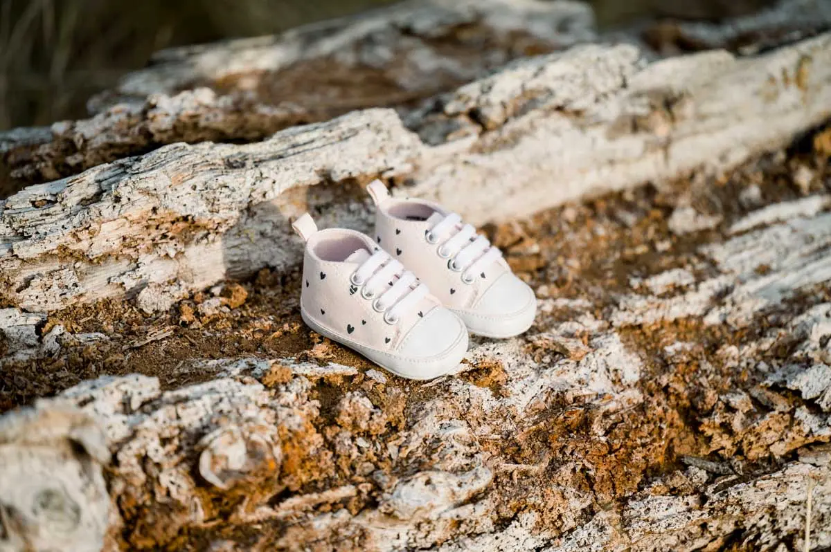 Tiny white baby shoes resting on a tree trunk