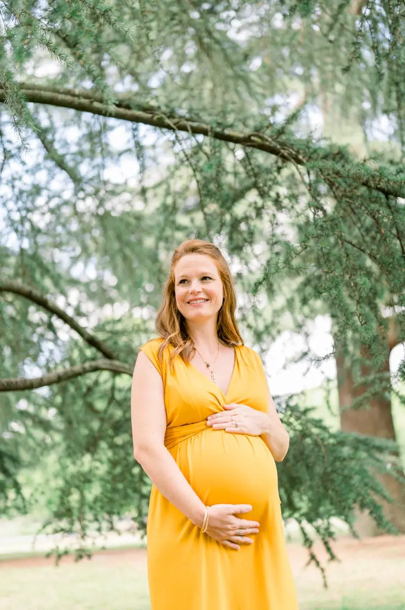 Mum-to-be in a yellow dress, hands on her bump, beneath cedar branches