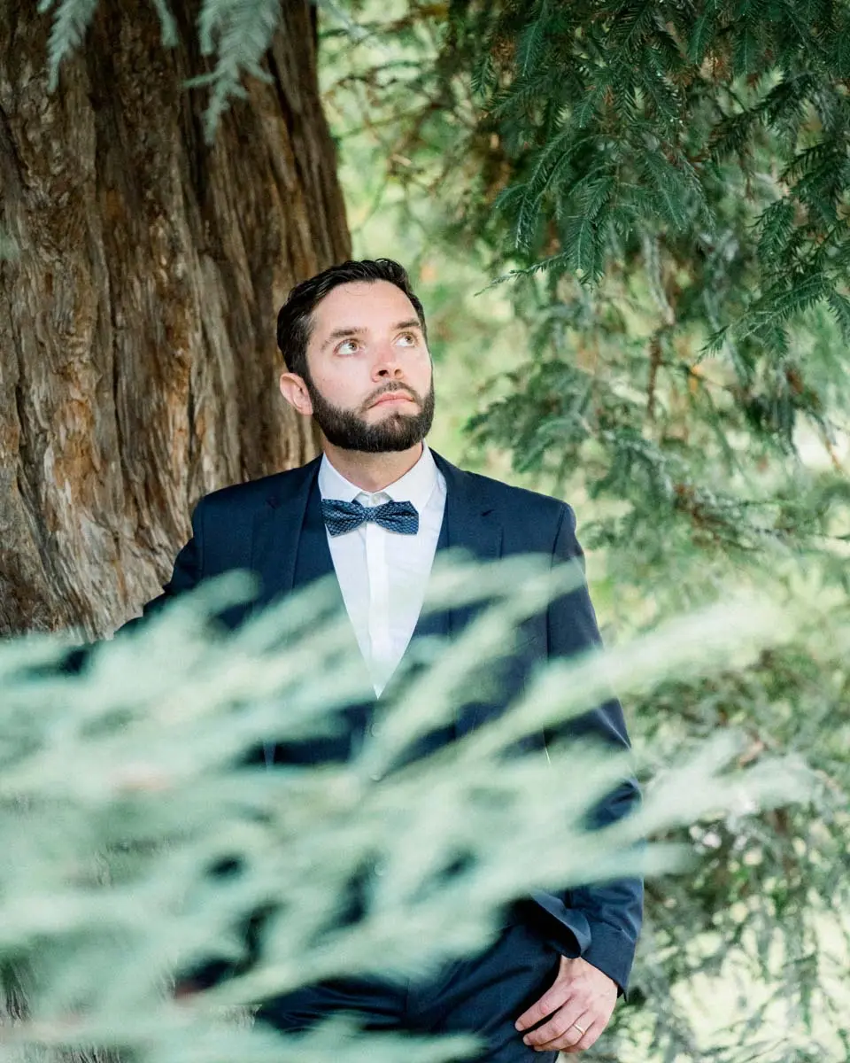 Groom looking up beside a large tree, foliage in the foreground