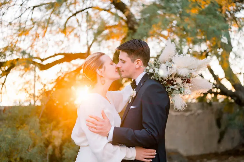 Bride and groom embracing against the light, the setting sun through the branches