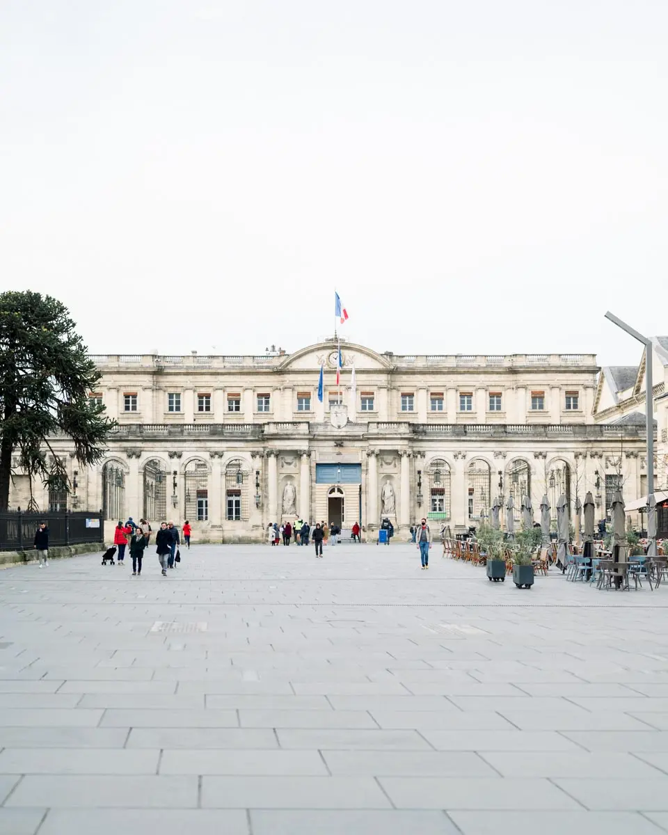 The forecourt and façade of Bordeaux town hall on a civil wedding day